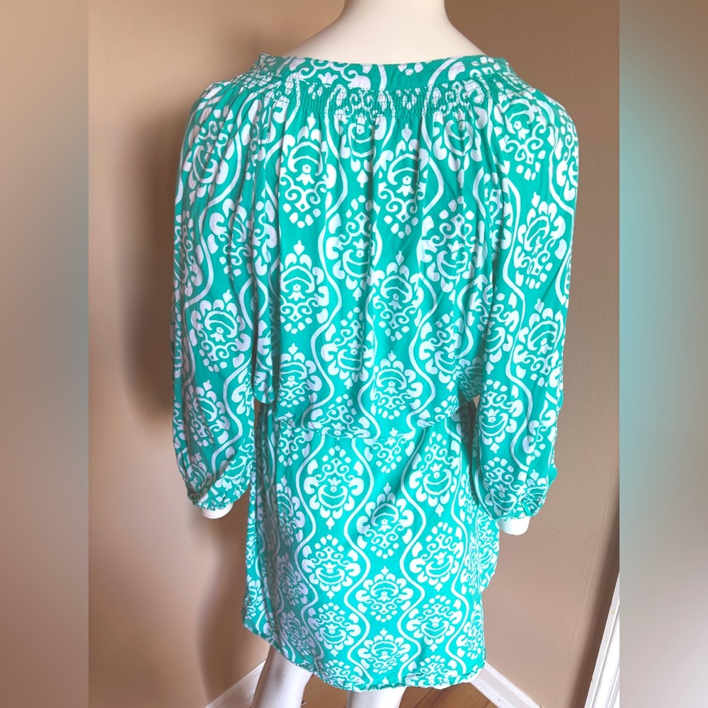 Crown & Ivy 3/4 Sleeve Button Down Drawstring Dress Teal Blue Green White Sz 16 - Picture 5 of 9